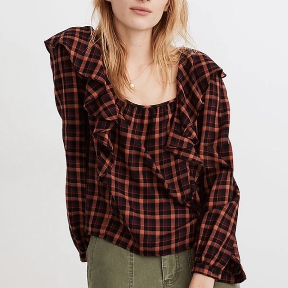 Madewell Ruffle Square Neck Blouse in Peach & Black Plaid Size Sz Fall Cabincore - Picture 2 of 8